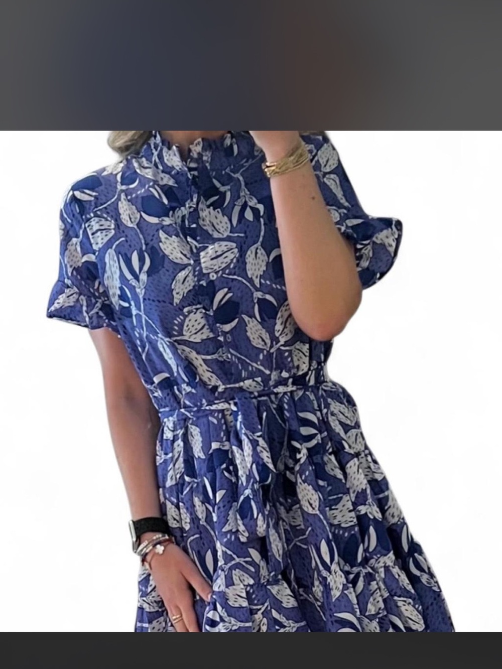 Tuckernuck Blue and White Floral Ruffle Neck Mini Dress